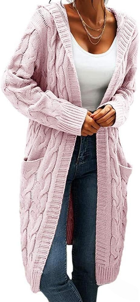 Women's Hooded Cable Knit Open-Front Cardigan Sweater, Mid-Length