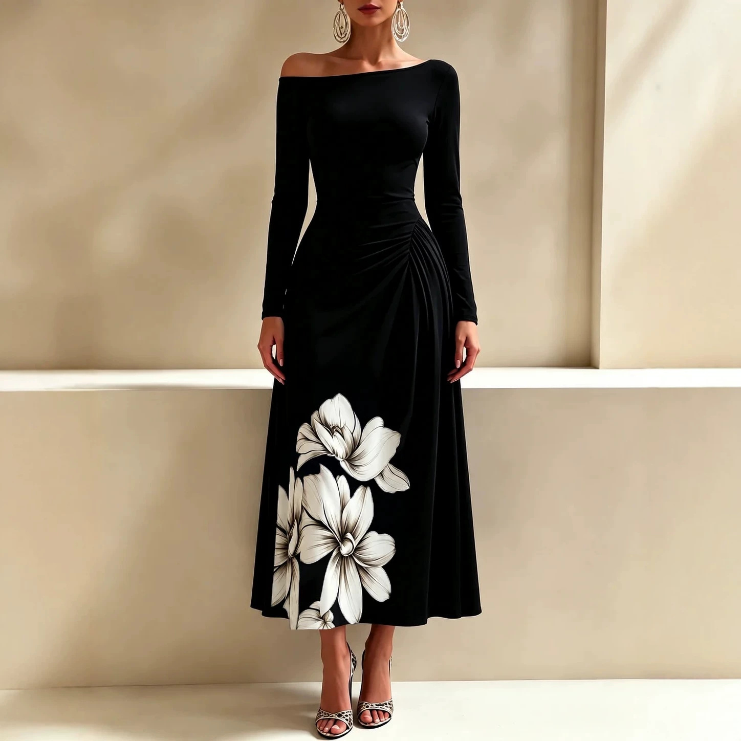 Off-Shoulder Floral Print Maxi Dress with Side Waist Ruching