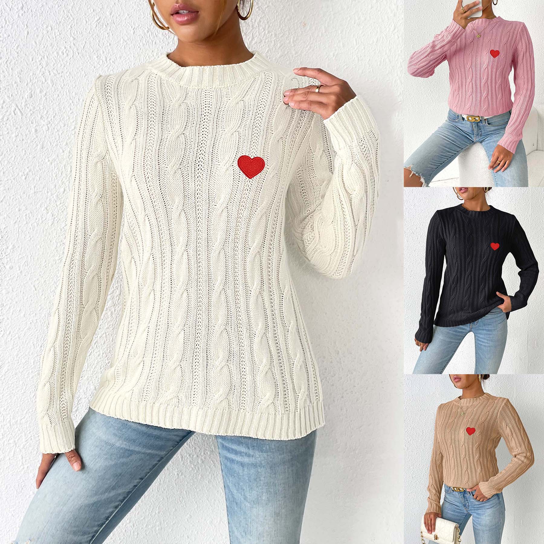 Women's Heart Applique Crewneck Knit Pullover Sweater