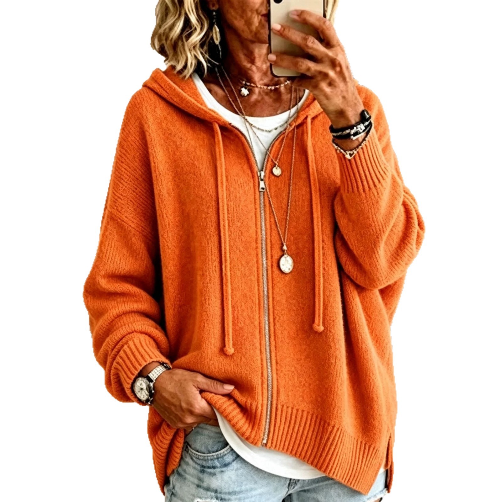 Women's Zip-Up Hooded Knit Cardigan Sweater