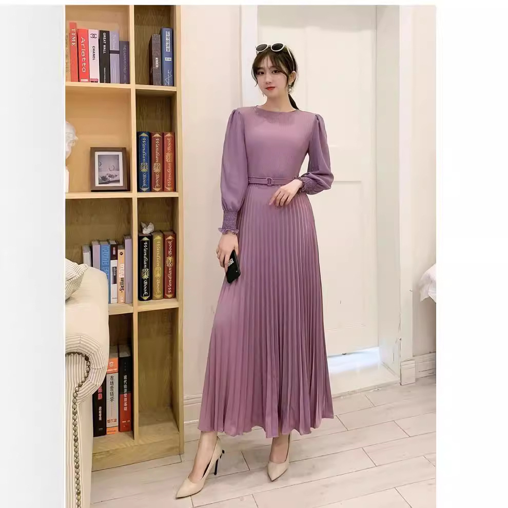 Pleated Long Sleeve Midi Dress