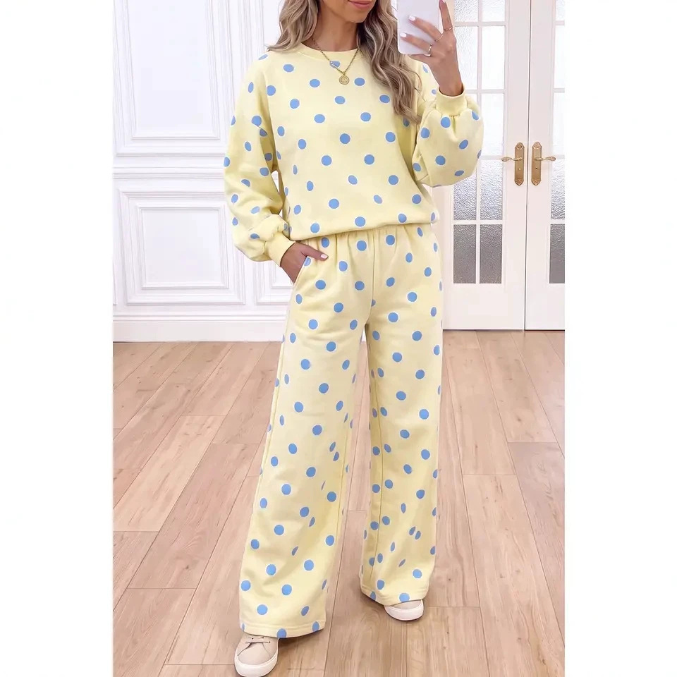 Polka Dot Long Sleeve Top and Wide-Leg Pants Two-Piece Set