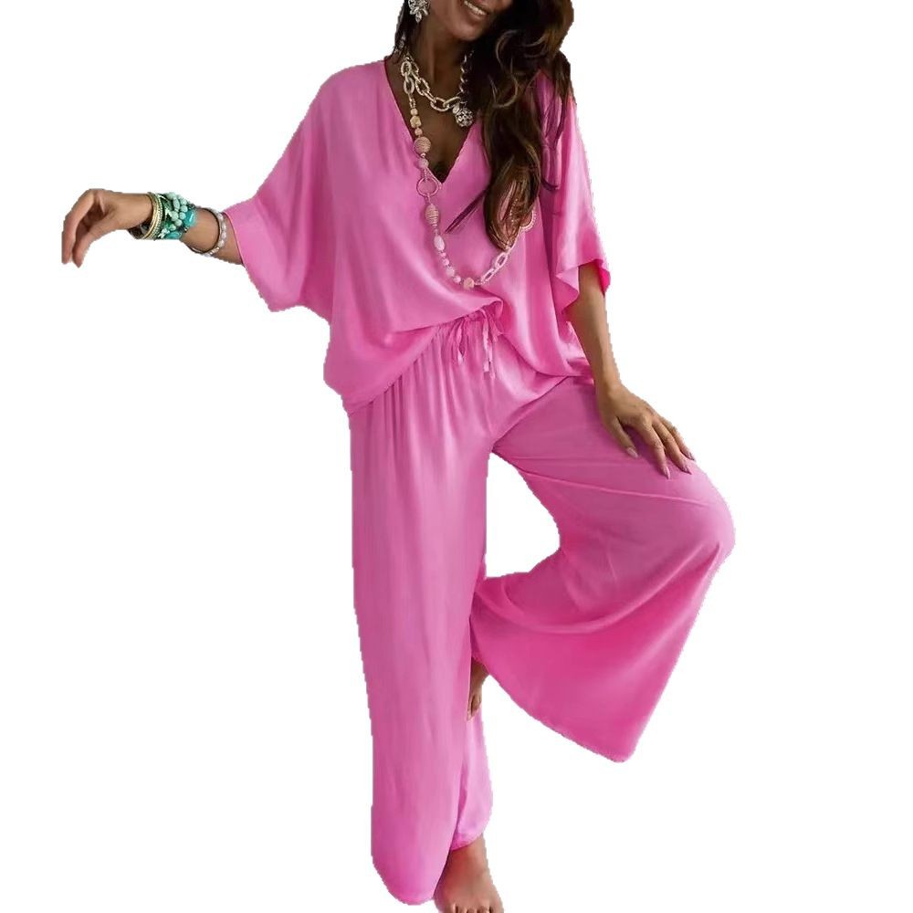 V-Neck Batwing Sleeve Wide-Leg Pants Set Women Casual Loose Two-Piece