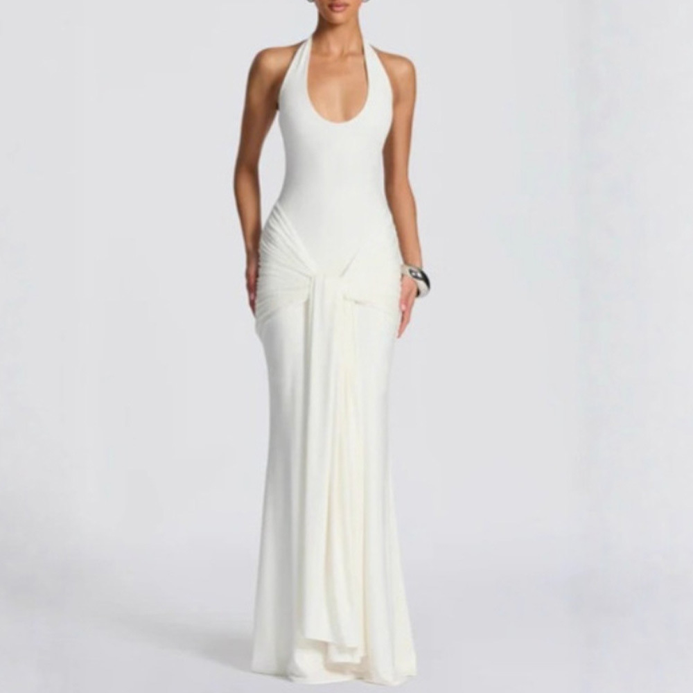 Women's Ribbon-Trim Halter Bodycon Maxi Dress