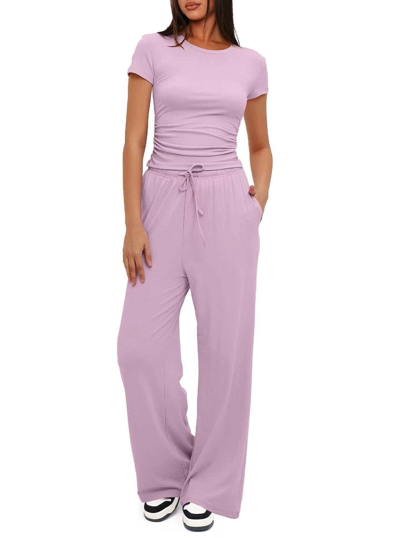 Solid Ruched Short Sleeve Top and High Waist Wide Leg Pants Set