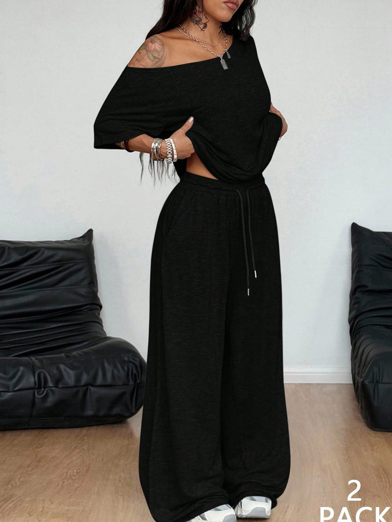Women's High-Waist Wide-Leg Sweatpants Set Solid Color