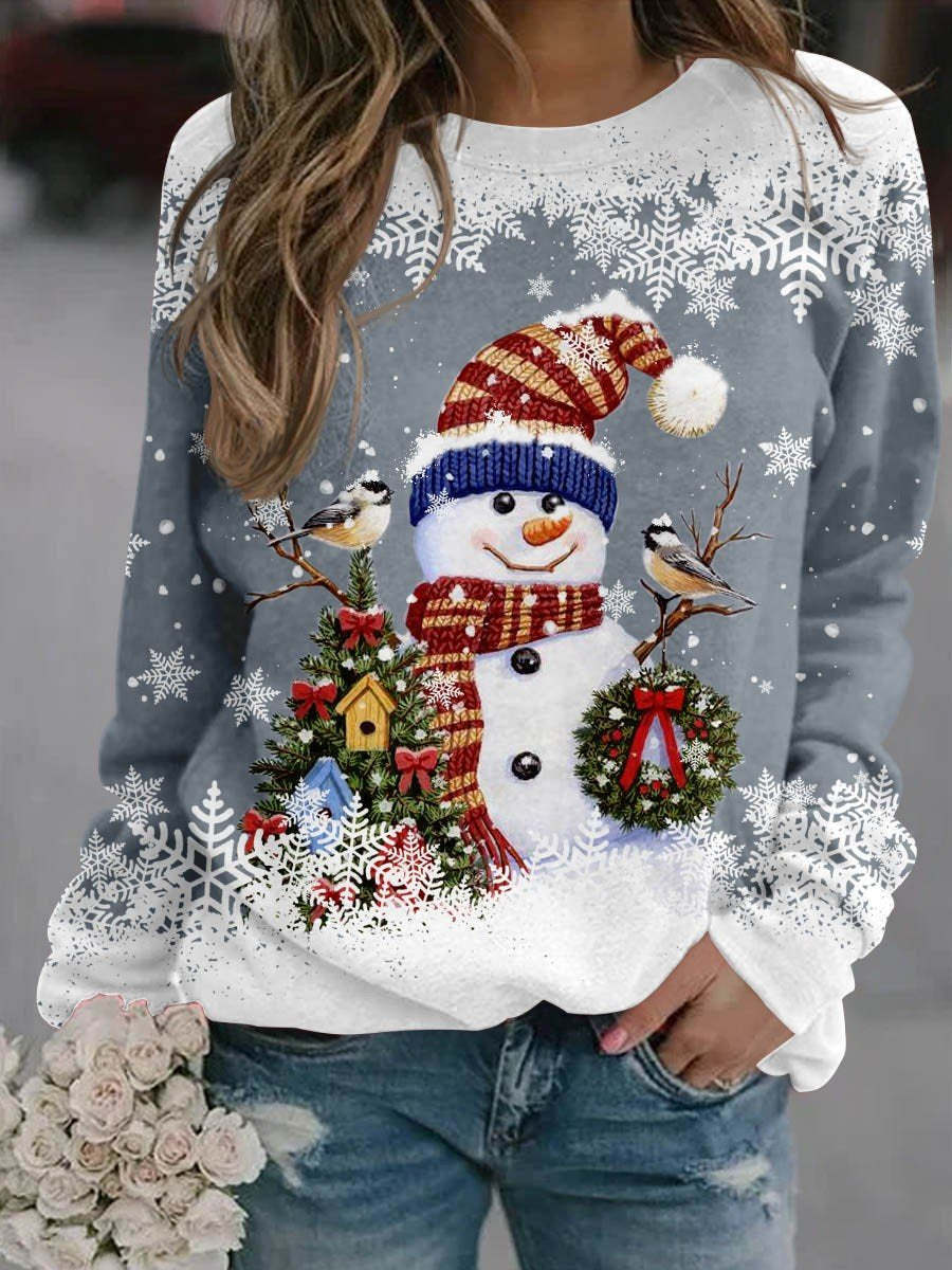 Women's Christmas Snowman Snowflake Print Crewneck Sweatshirt