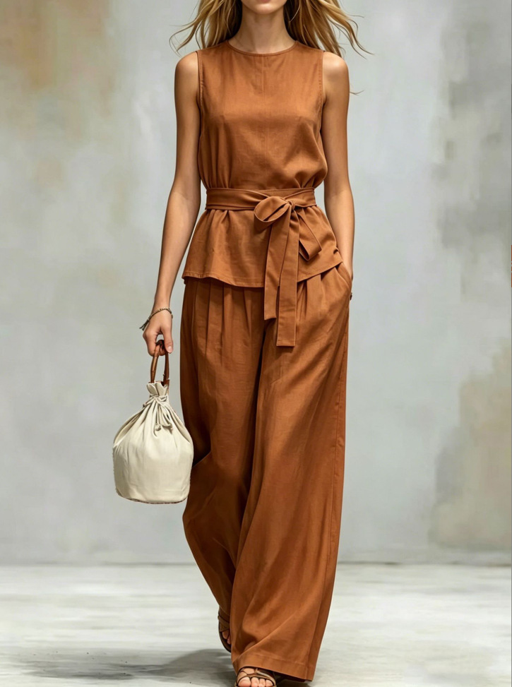 Women's Sleeveless Cotton-Linen Two-Piece Set with Belt