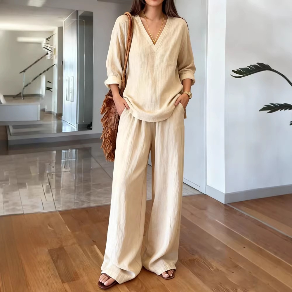 Women's Casual V-Neck Long Sleeve Top and Straight-Leg Pants Set Washed Cotton Multi-Color