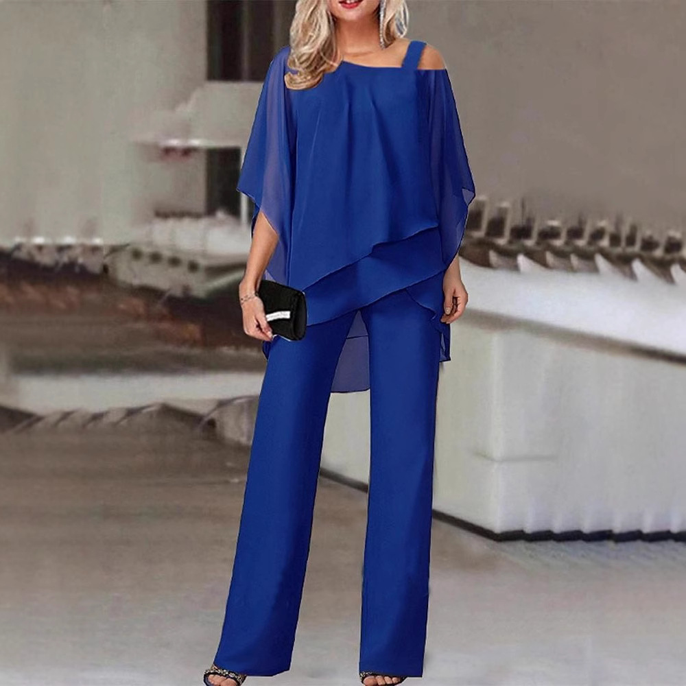 Women's One-Shoulder Chiffon Batwing Sleeve Two-Piece Pants Set