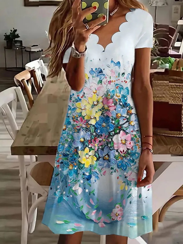 Women's Summer Digital Print V-Neck Short Sleeve Dress
