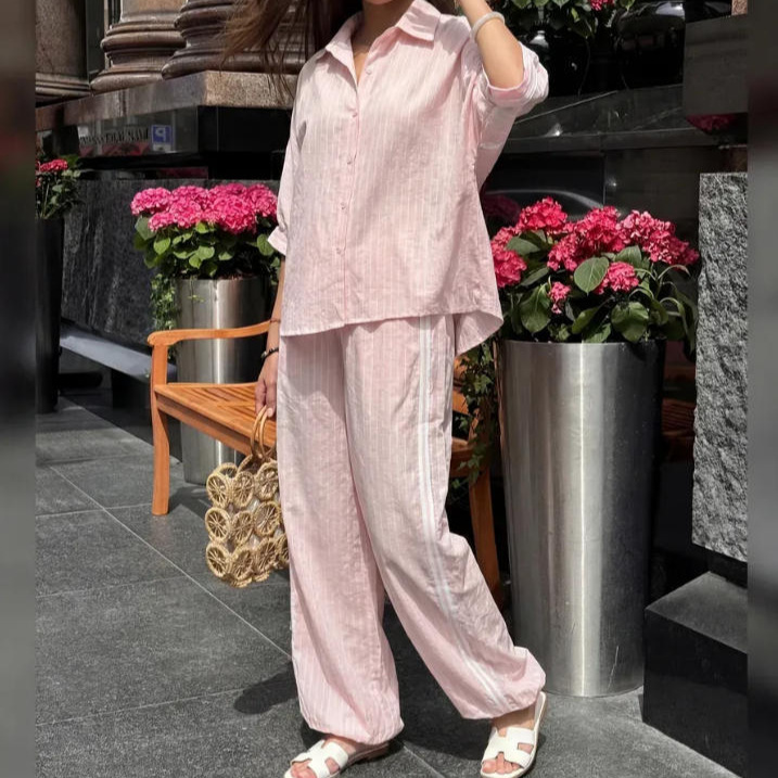 Relaxed Pink Striped Short-Sleeve Shirt and Pants Two-Piece Set