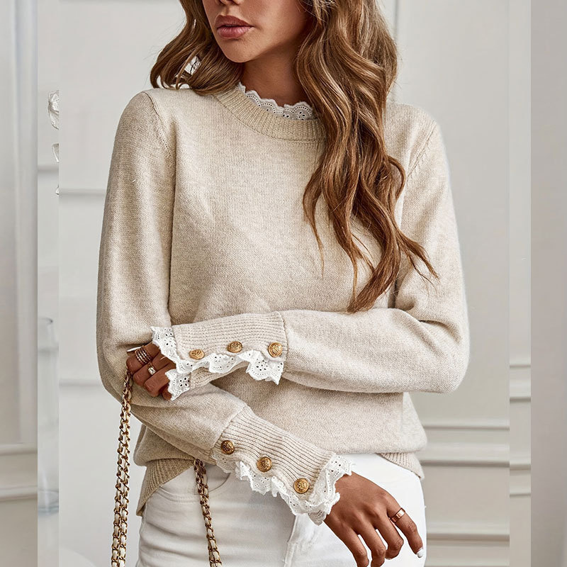 Women's Lace Trim Crewneck Button Knit Sweater