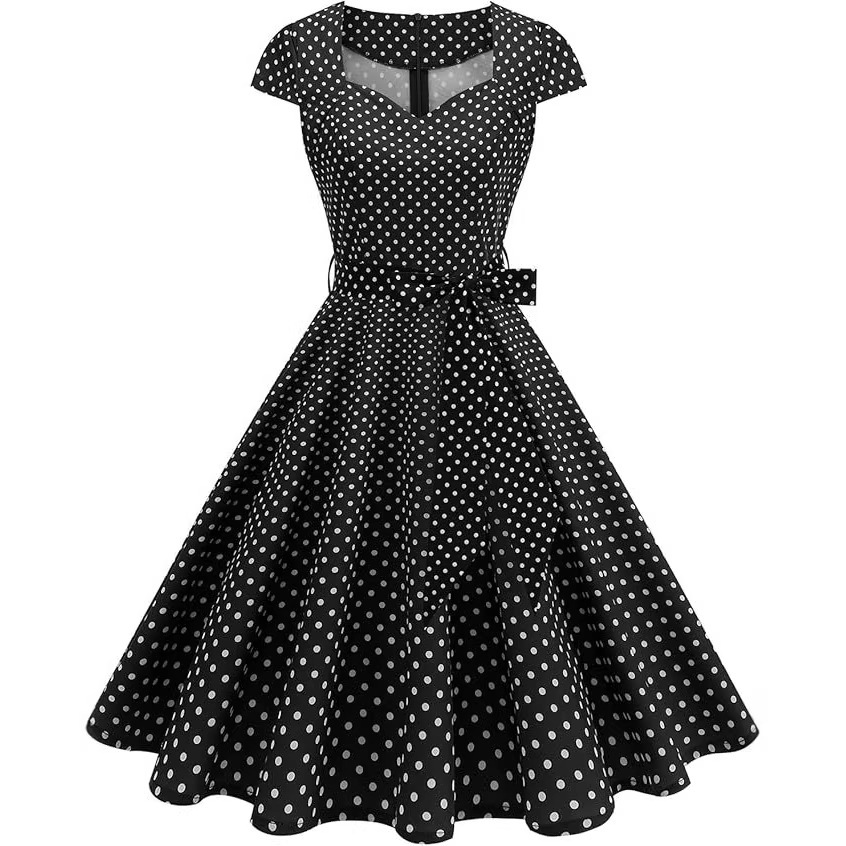 Retro Polka Dot V-Neck Short Sleeve Midi Dress with Tie