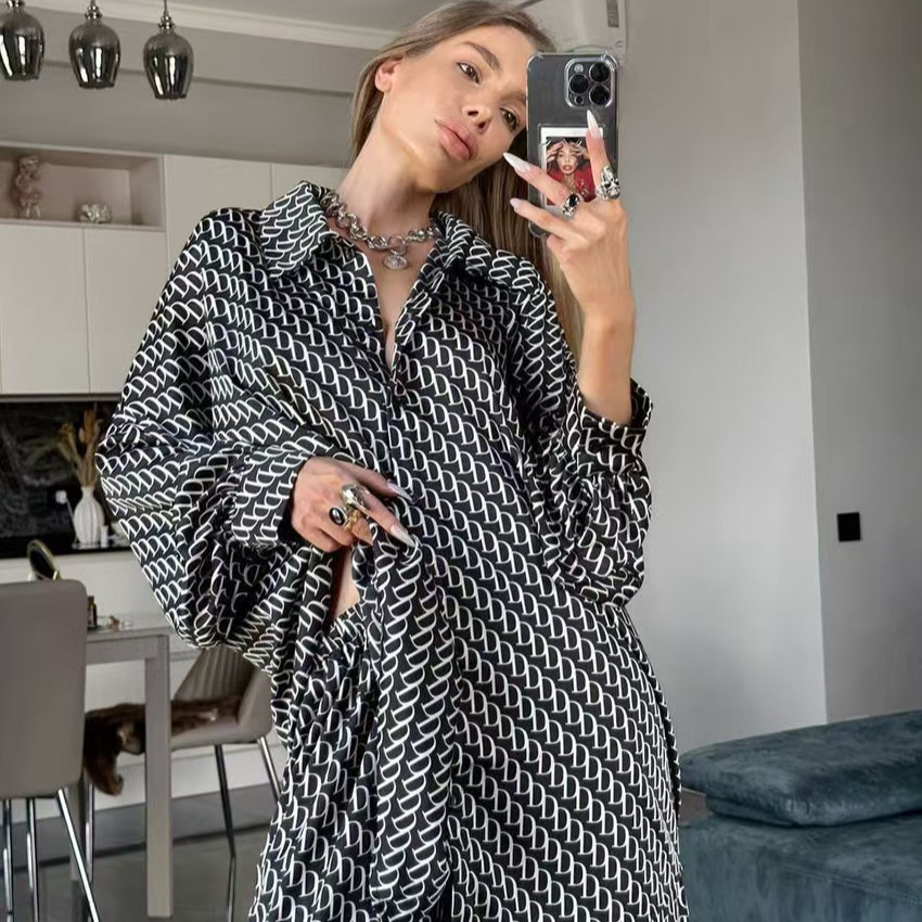 Women's Printed Long Sleeve Shirt and Pants Set Loose Fit