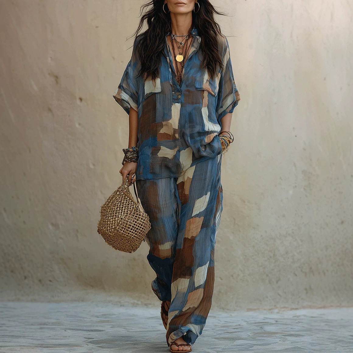 Women's Printed Two-Piece Wide-Leg Pants Set Casual Streetwear