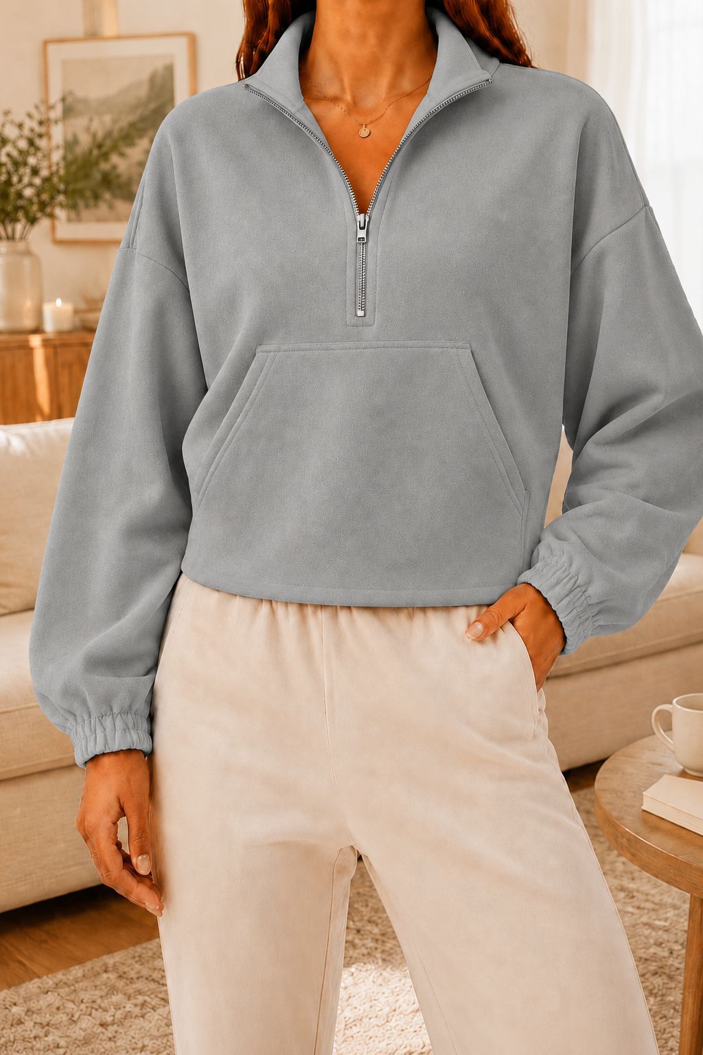 Women's Half-Zip Collared Cropped Hoodie with Kangaroo Pocket