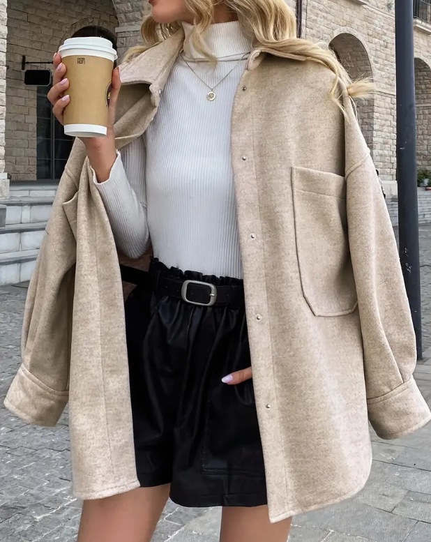 Women's Casual Faux Wool Jacket with Lapel Collar