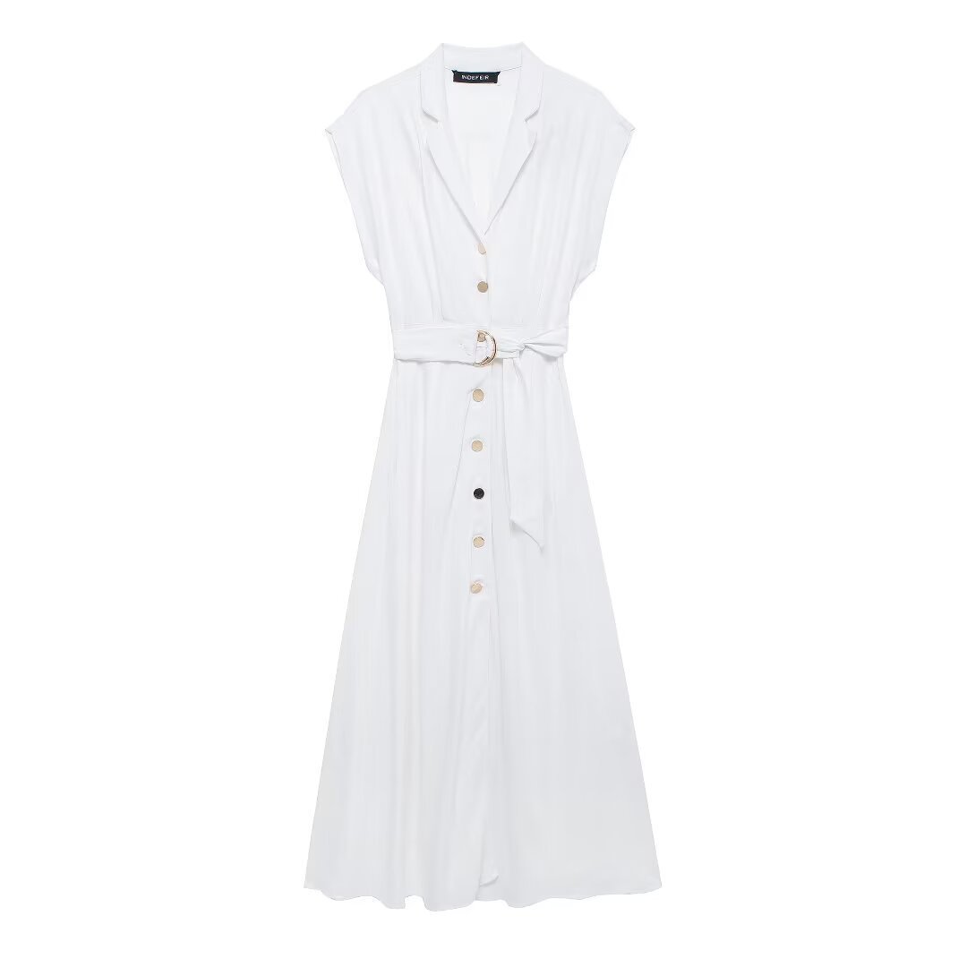 Women's Belted Shirt Dress V-Neck Short Sleeve A-Line Midi