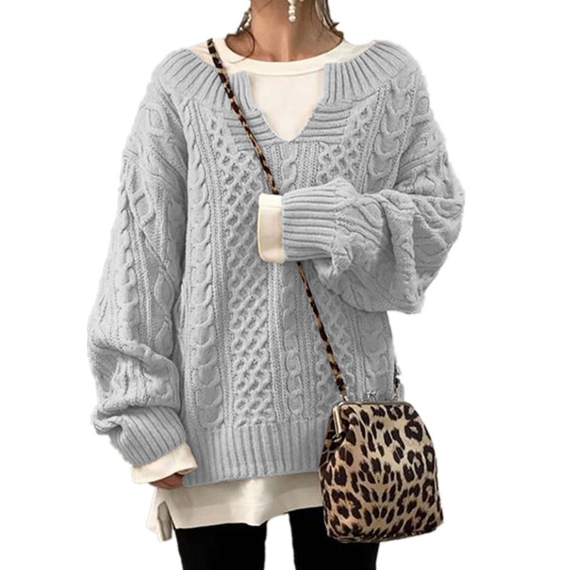 Women's Cable Knit V-Neck Sweater Loose Fit Long Sleeve Pullover