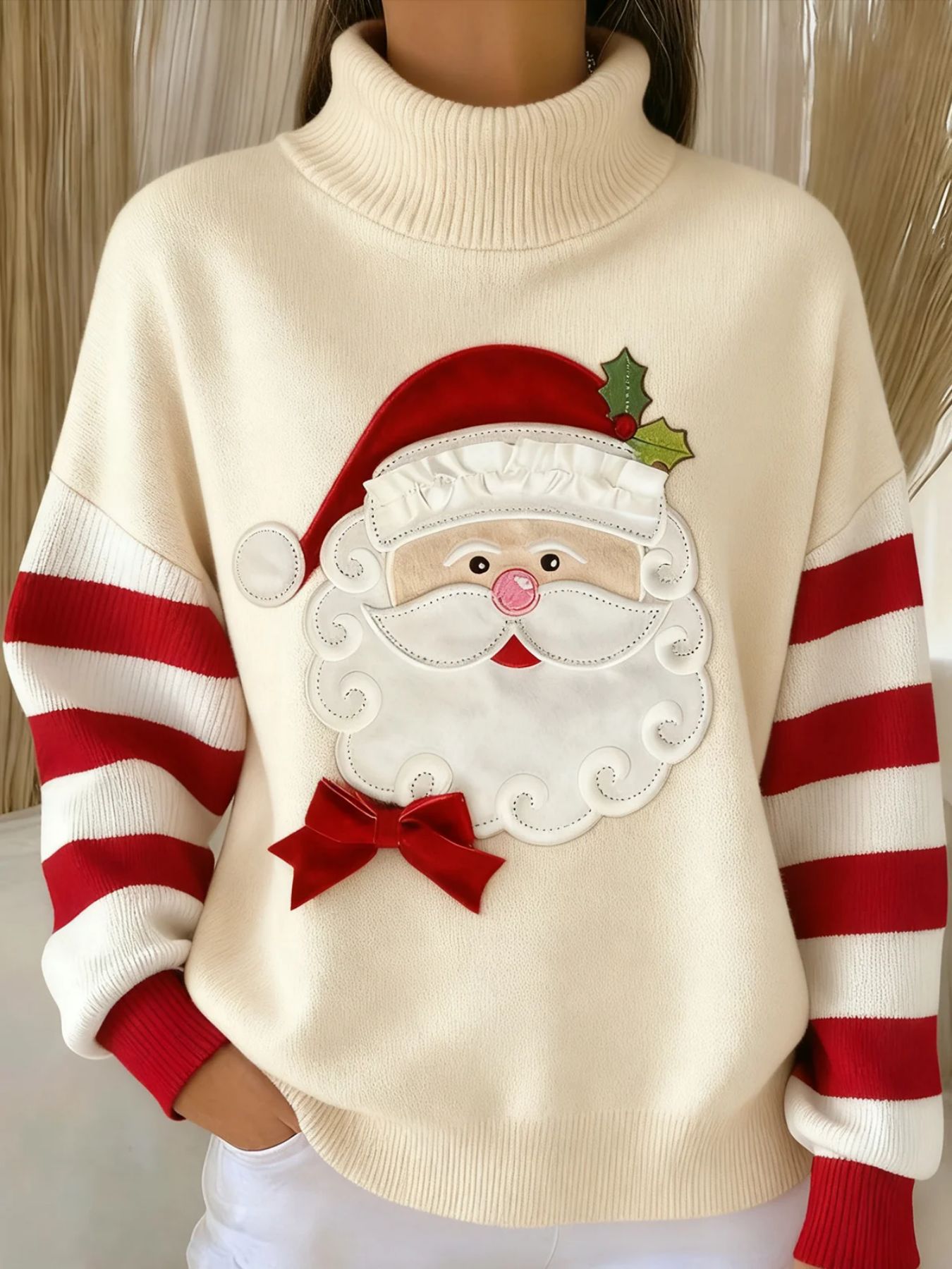 Women's Christmas Santa Striped Print Turtleneck Sweater