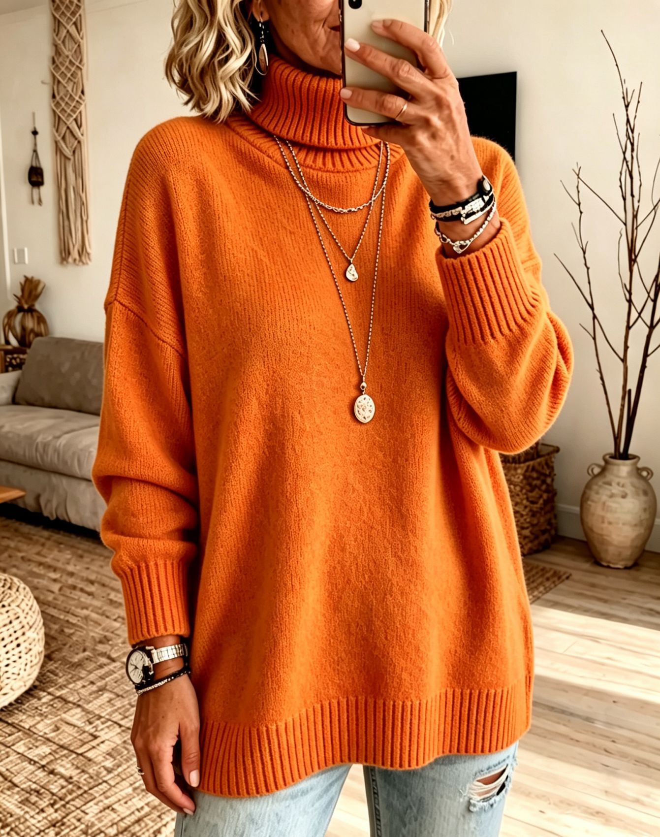 Women's Turtleneck Sweater Loose Knit Pullover Soft Thickened Base Layer
