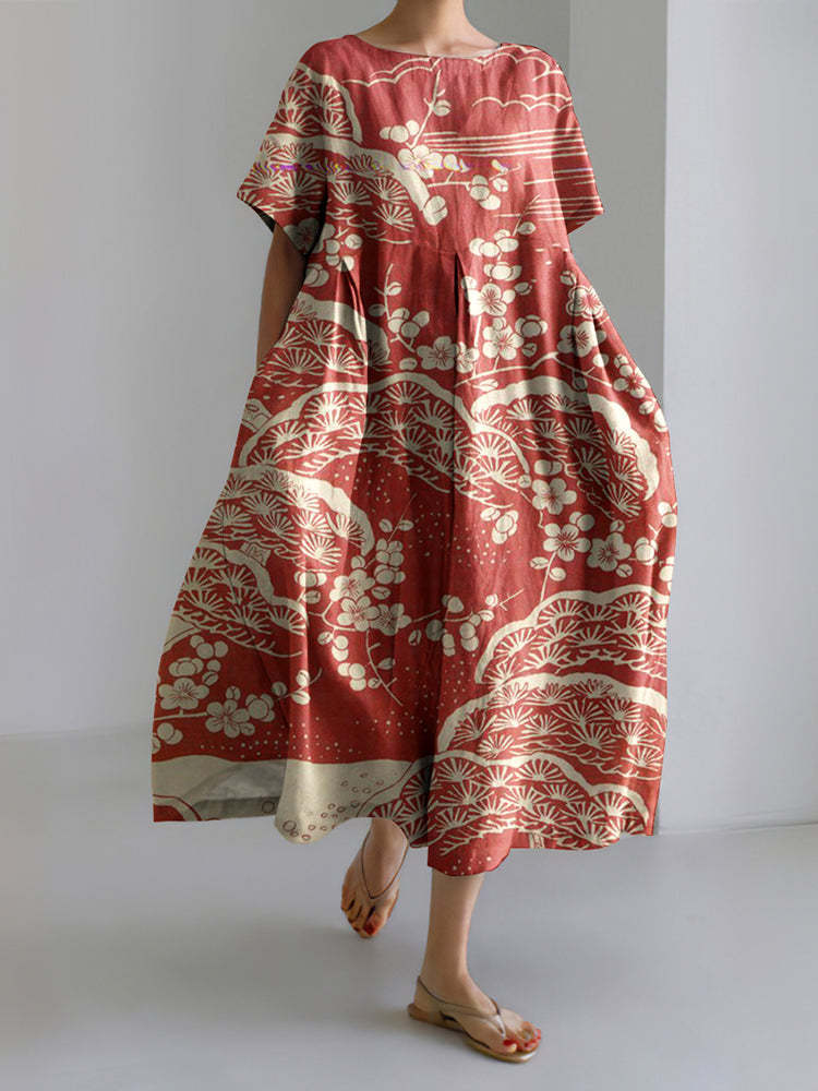 Women's Vintage Floral Print A-Line Midi Dress with U-Neck and Short Sleeves