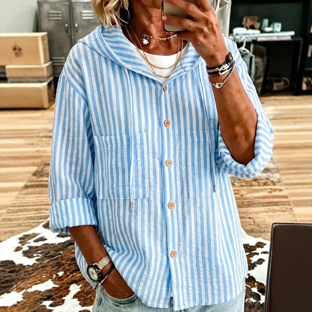 Striped Drawstring Button Hooded Long-Sleeve Top