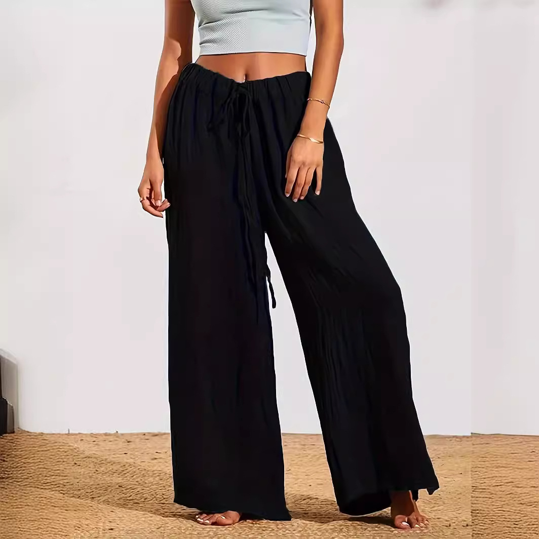 Women's Cotton Wide-Leg Drawstring Pants with Slit