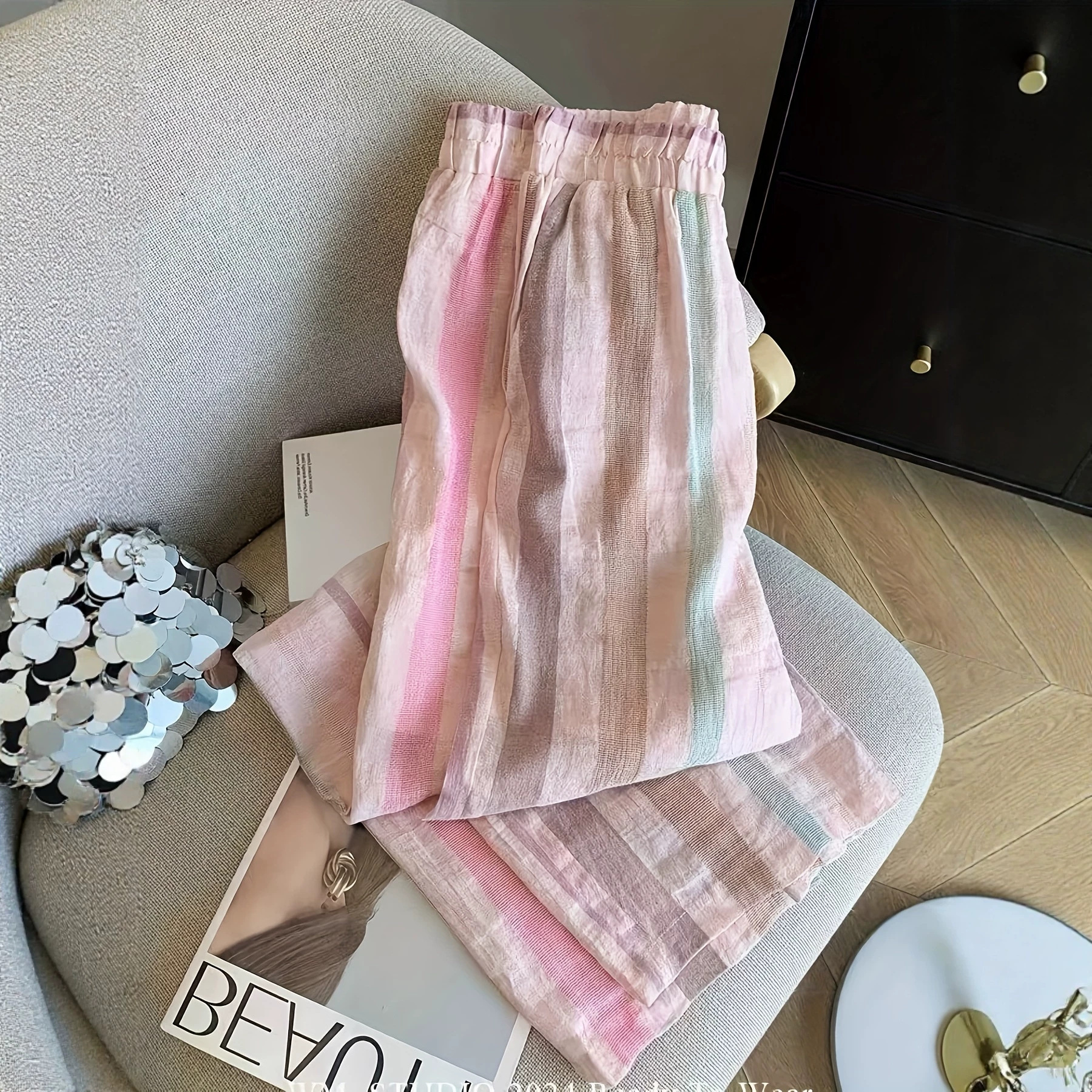 Striped Elastic Waist Wide-Leg Pants Women's Straight-Leg Casual Cotton-Linen Blend Lightweight