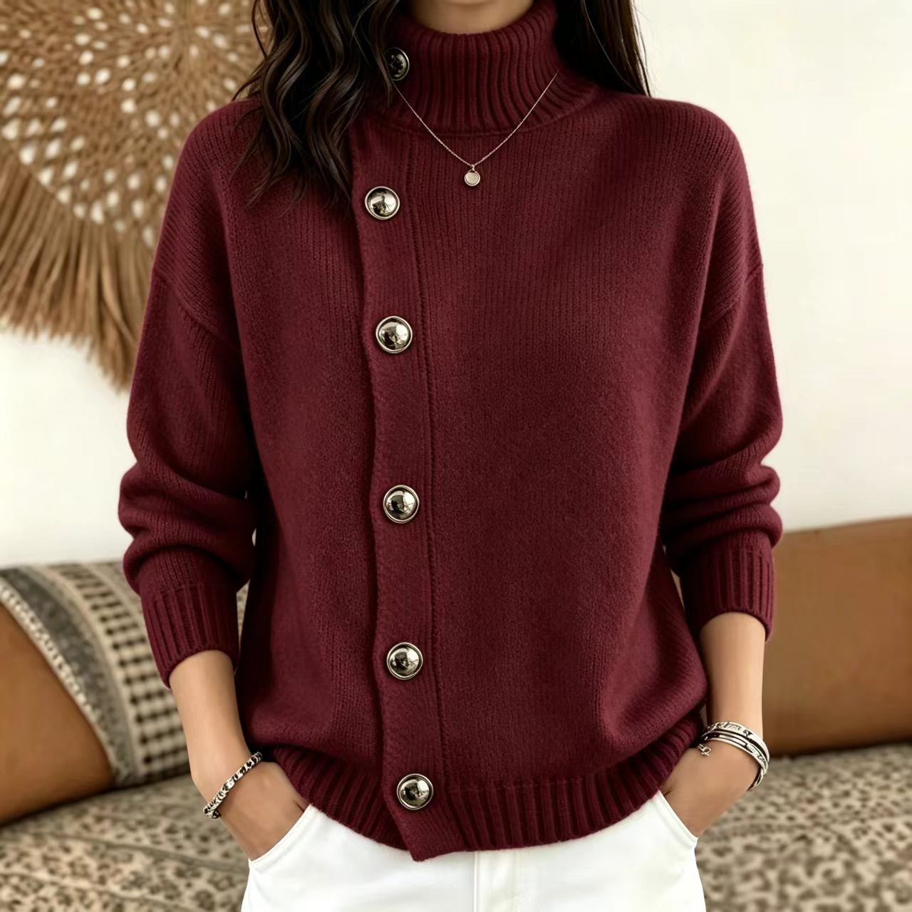 Metal Button Solid Color Loose Turtleneck Sweater