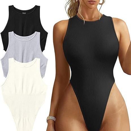 Women's Ribbed Sleeveless Halter Bodysuit Sexy High-Cut