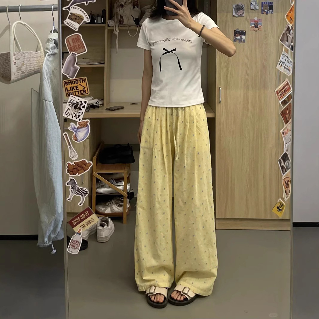 Yellow Polka Dot Wide-Leg Pants for Women High Waist Draped Casual