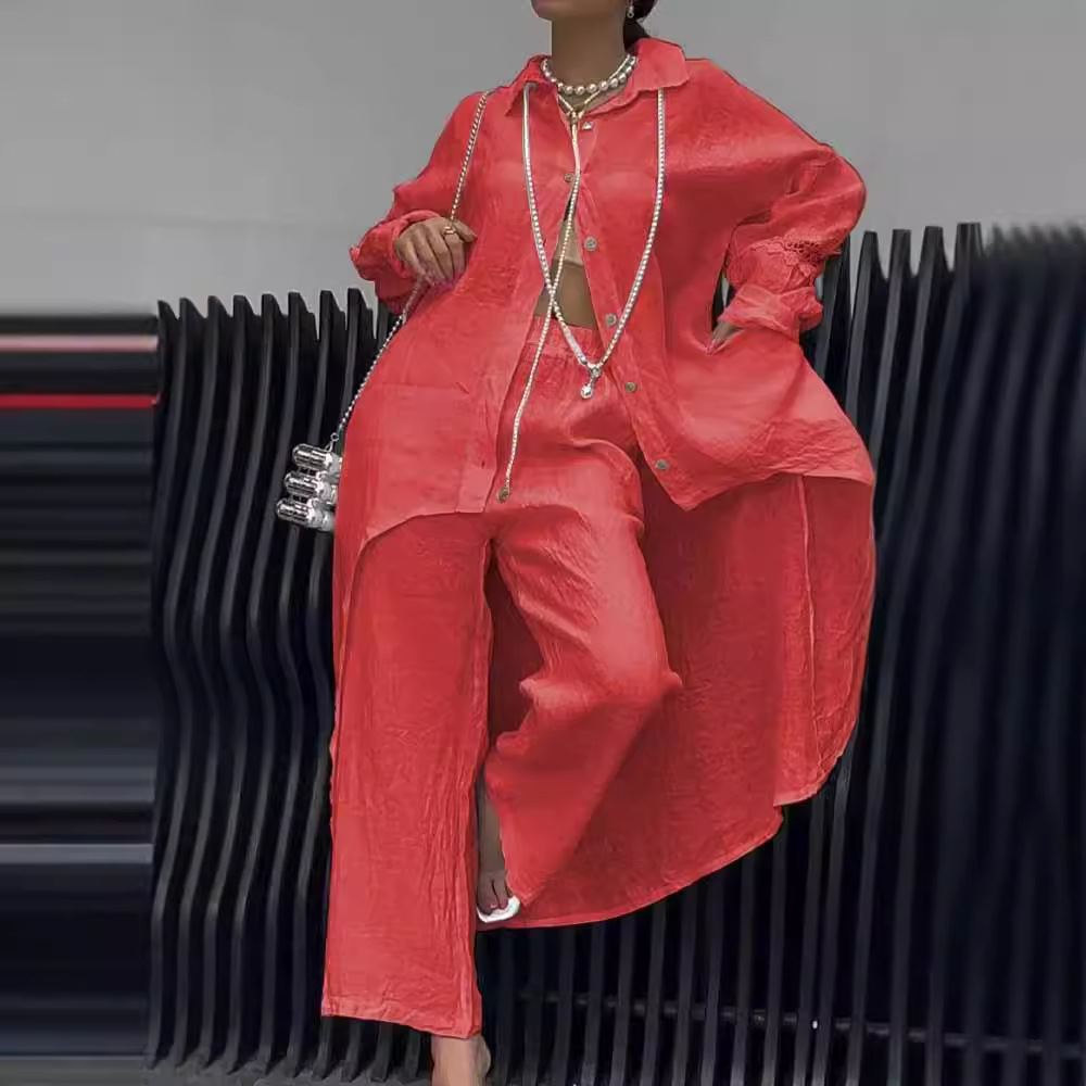 Women's Asymmetrical Hem Long Sleeve Top and Pants Set