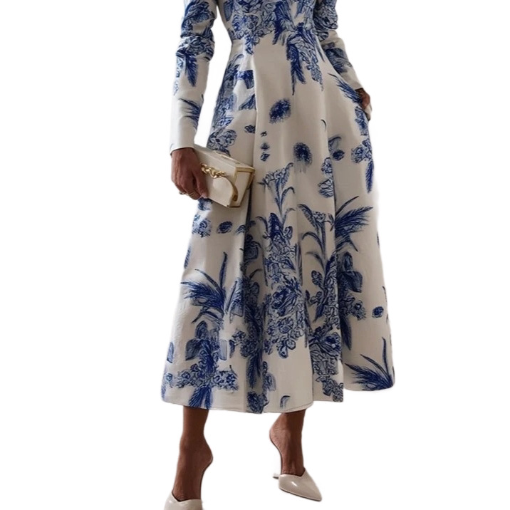 V-Neck Waist-Cinching Ruffle Floral Long Dress