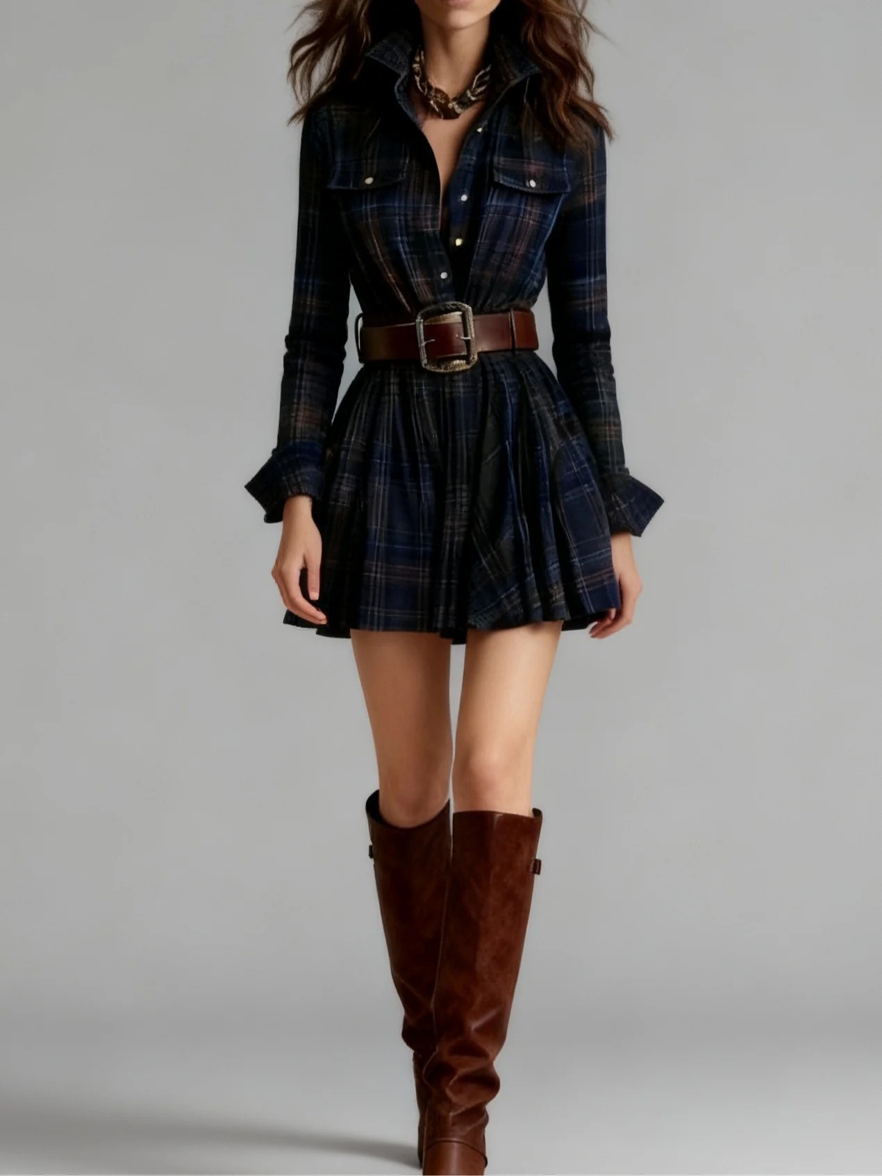 Women's Retro Plaid Long Sleeve Shirt Dress with Pockets