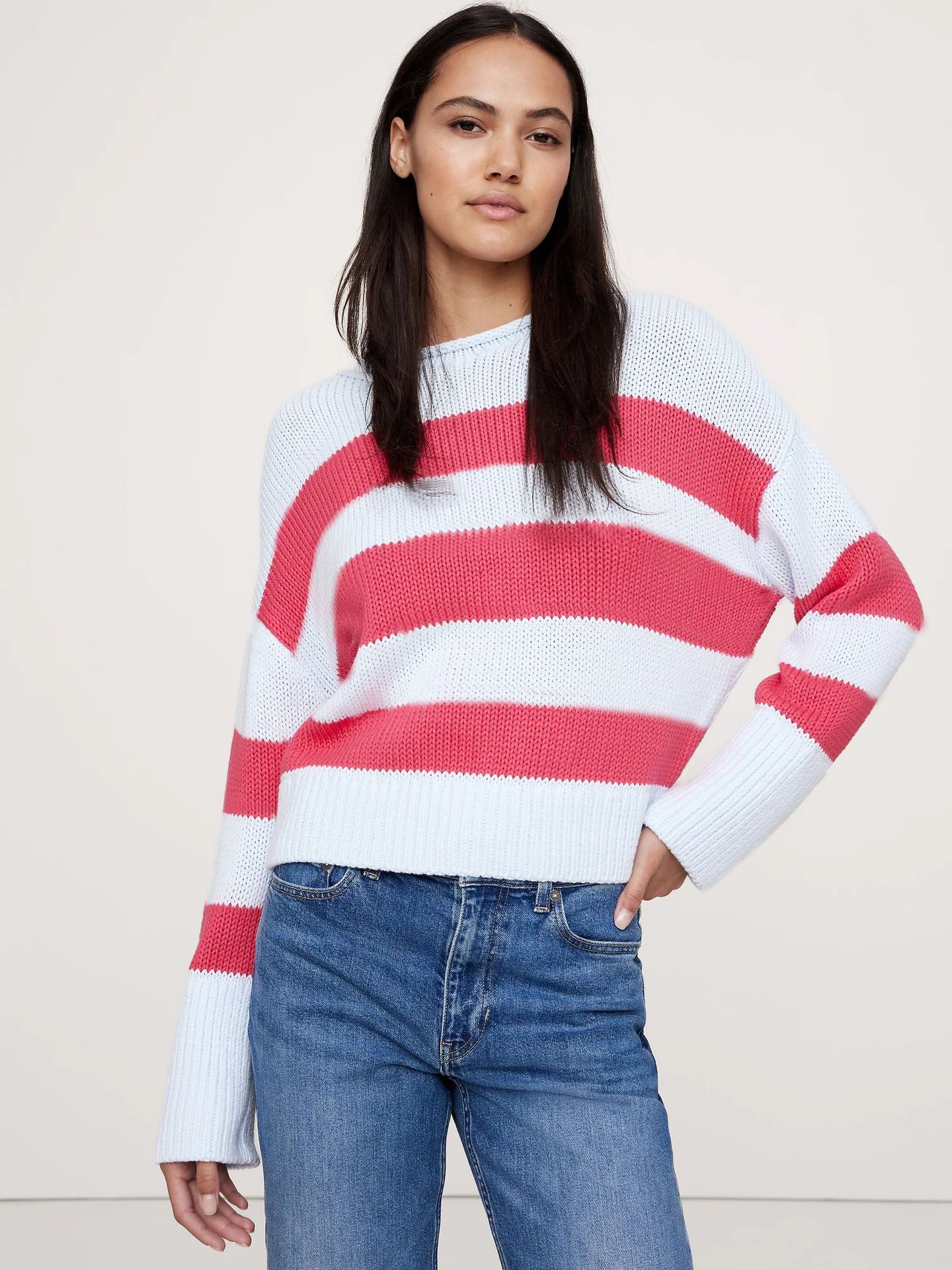 Women's Striped Crewneck Drop-Shoulder Oversized Lightweight Pullover