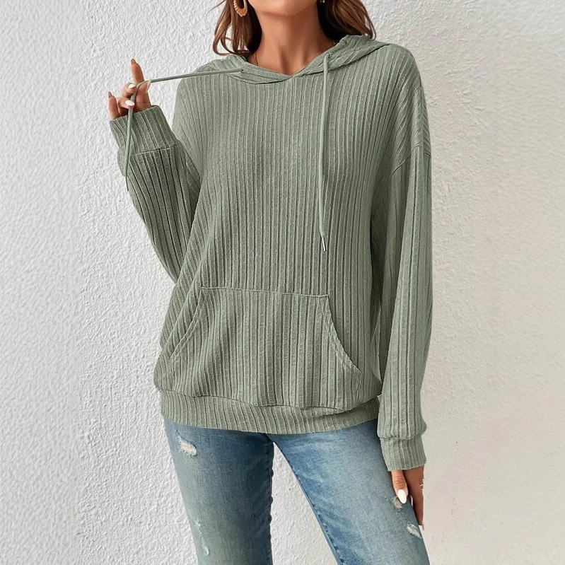Women's Ribbed Knit Hoodie with Kangaroo Pocket