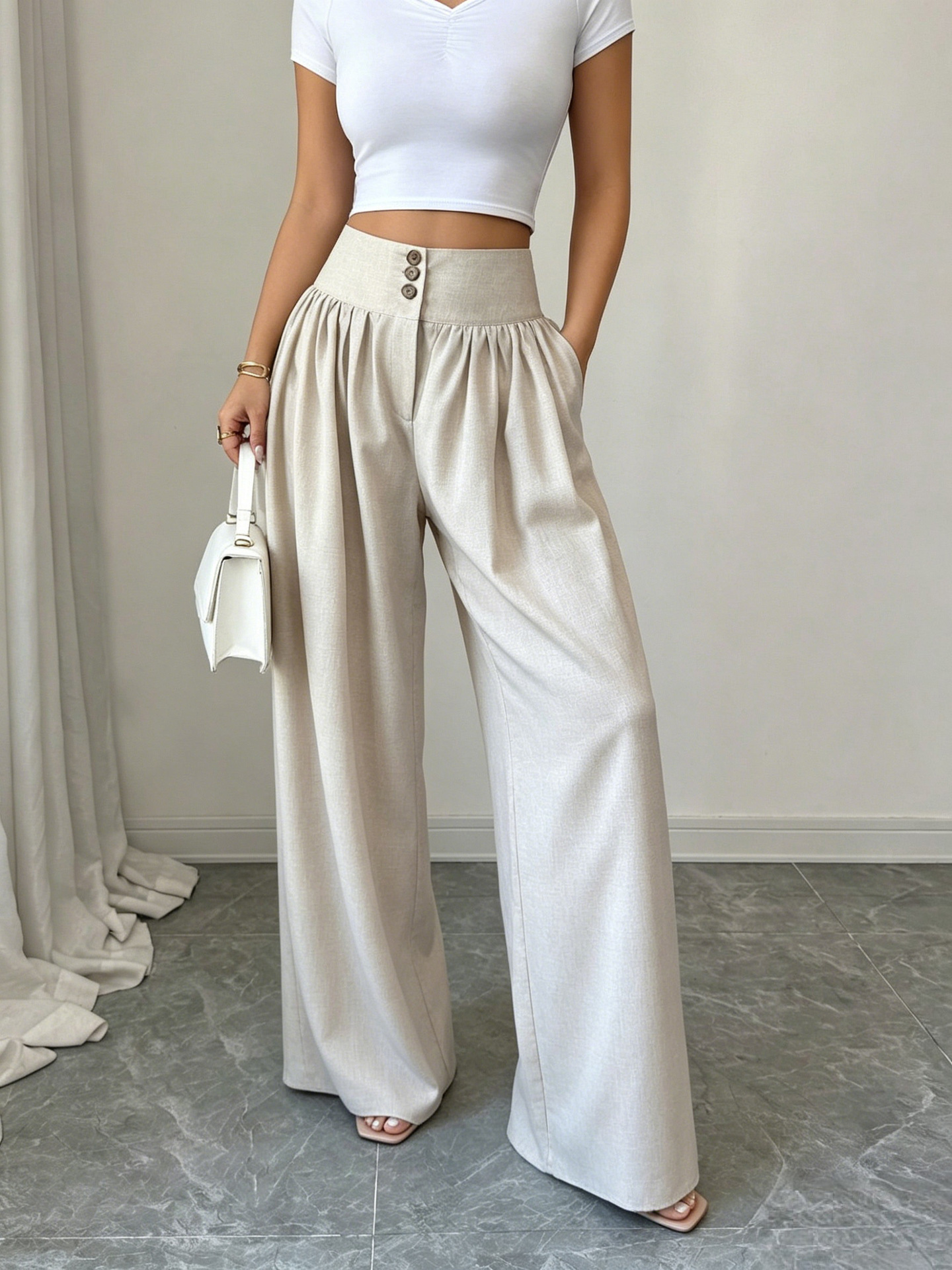 High-Waist Three-Button Wide-Leg Drapey Pants