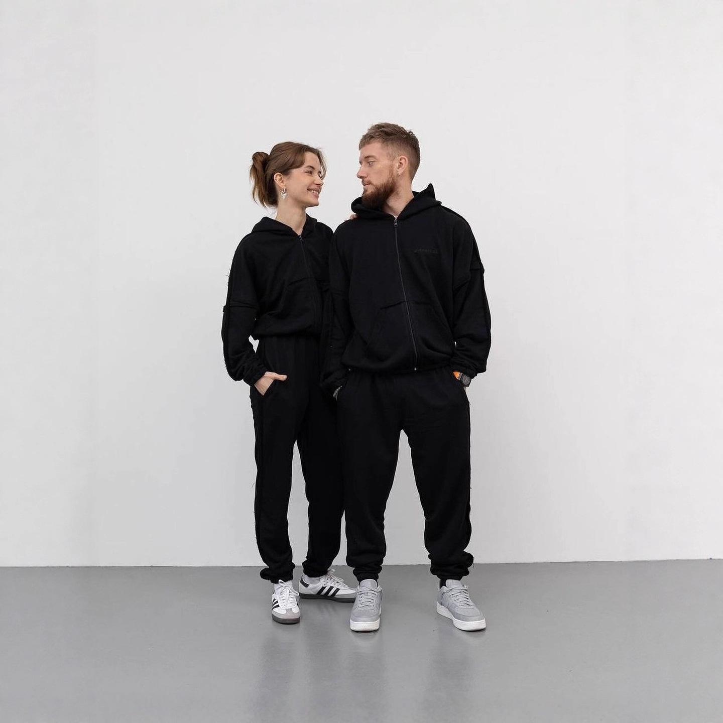 Solid Color Hooded Sweatshirt and Pants Set for Couples