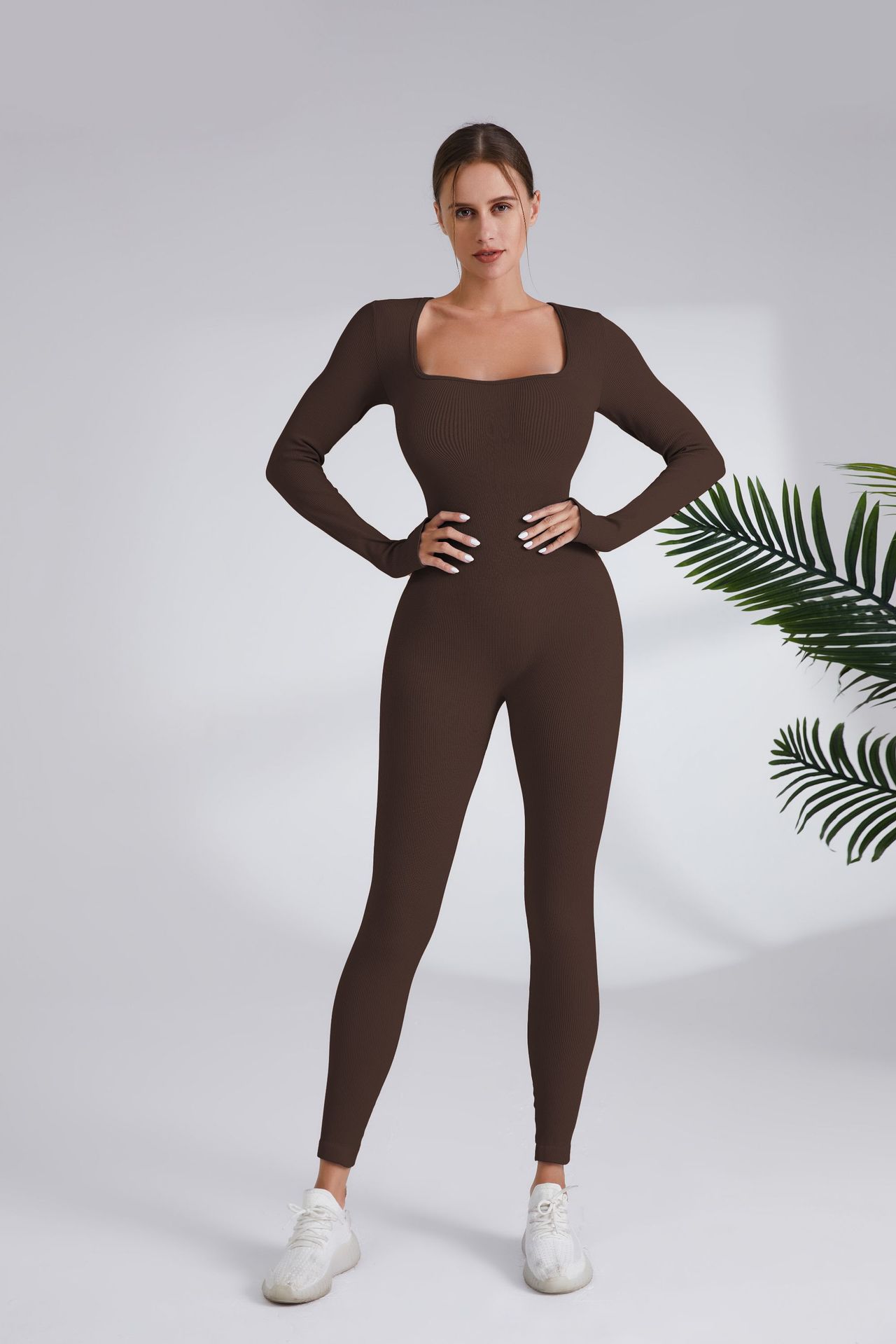 Women's Ribbed Long Sleeve One-Piece Yoga Jumpsuit Quick-Dry Running Fitness Bodysuit