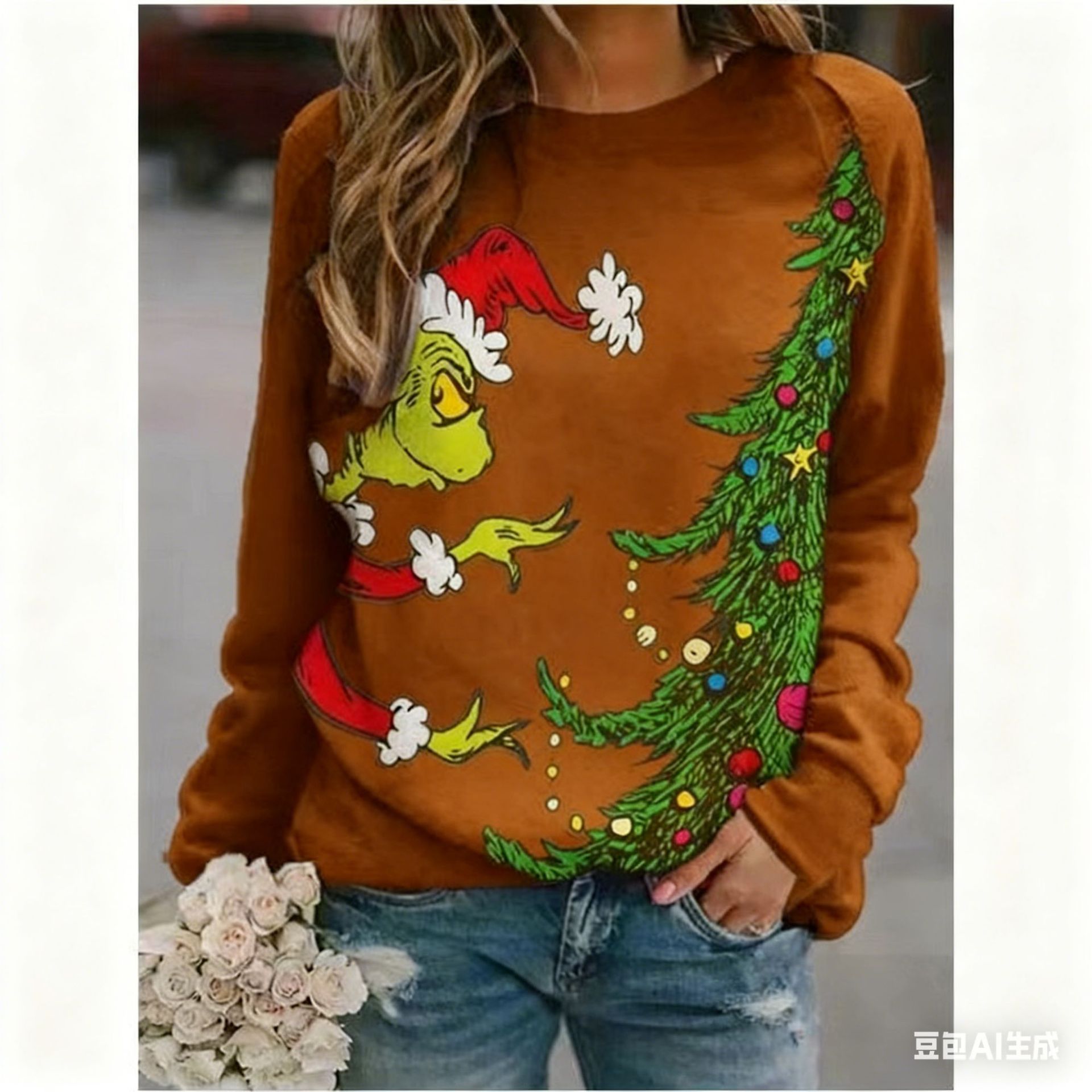 Women's Christmas Tree Grinch Reindeer Print Crewneck Sweatshirt