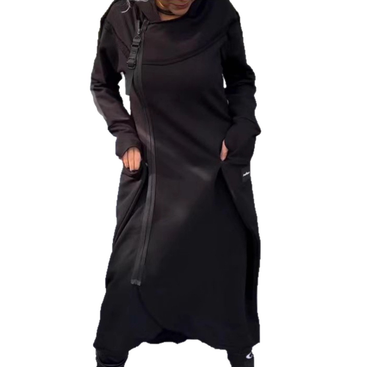 Solid Color Zip Pocket Asymmetrical Long Hoodie for Women