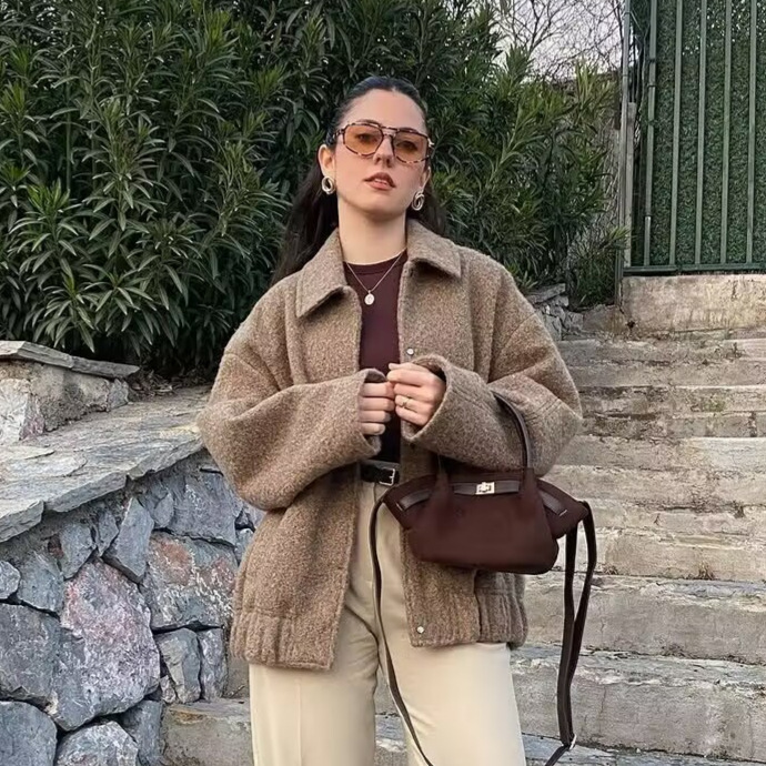 Women's Two-Tone Wool-Blend Jacket Elegant Round Neck Coat