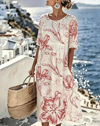 Women's Floral Print Midi Dress with Pockets