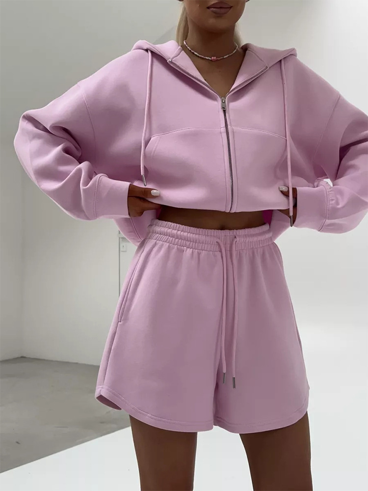 Women's Hooded Sweatshirt and Shorts Two-Piece Set with Large Pockets