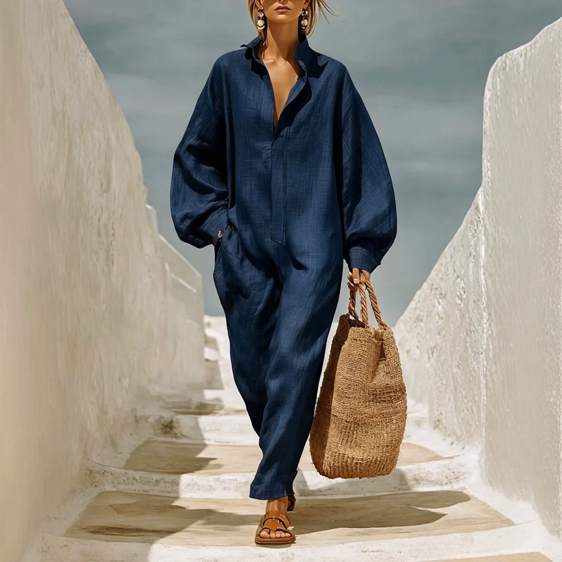 Women's Wide-Leg Jumpsuit with Collar and Half-Button Front
