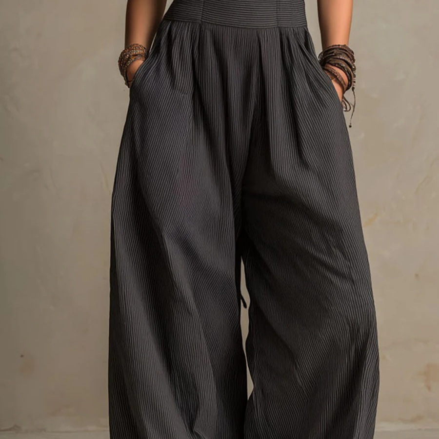 Dark Gray Pinstripe Cross Halter Wide-Leg Jumpsuit with Belt and Pockets