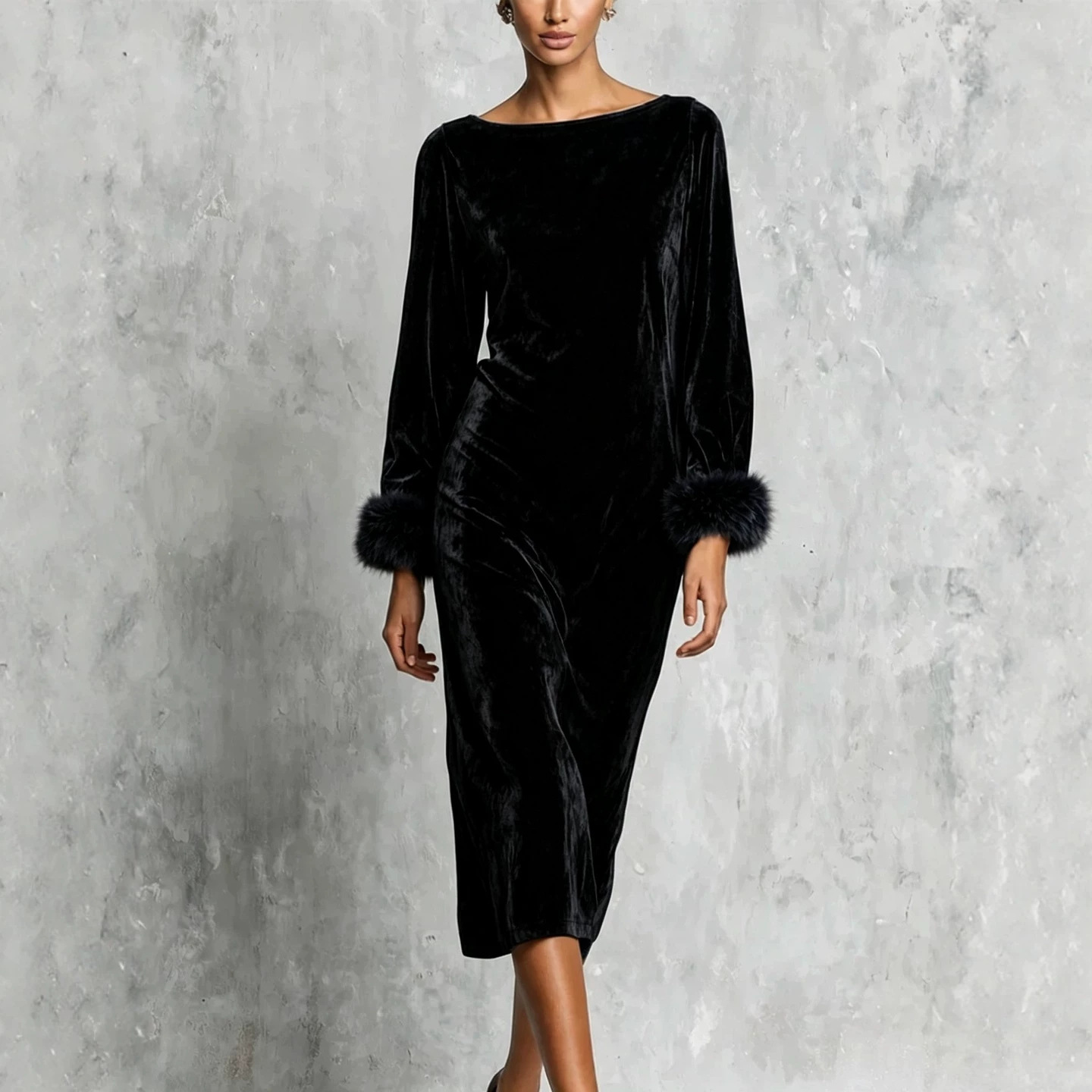 Women's Off-Shoulder Long Sleeve Faux Fur Cuff Long Dress