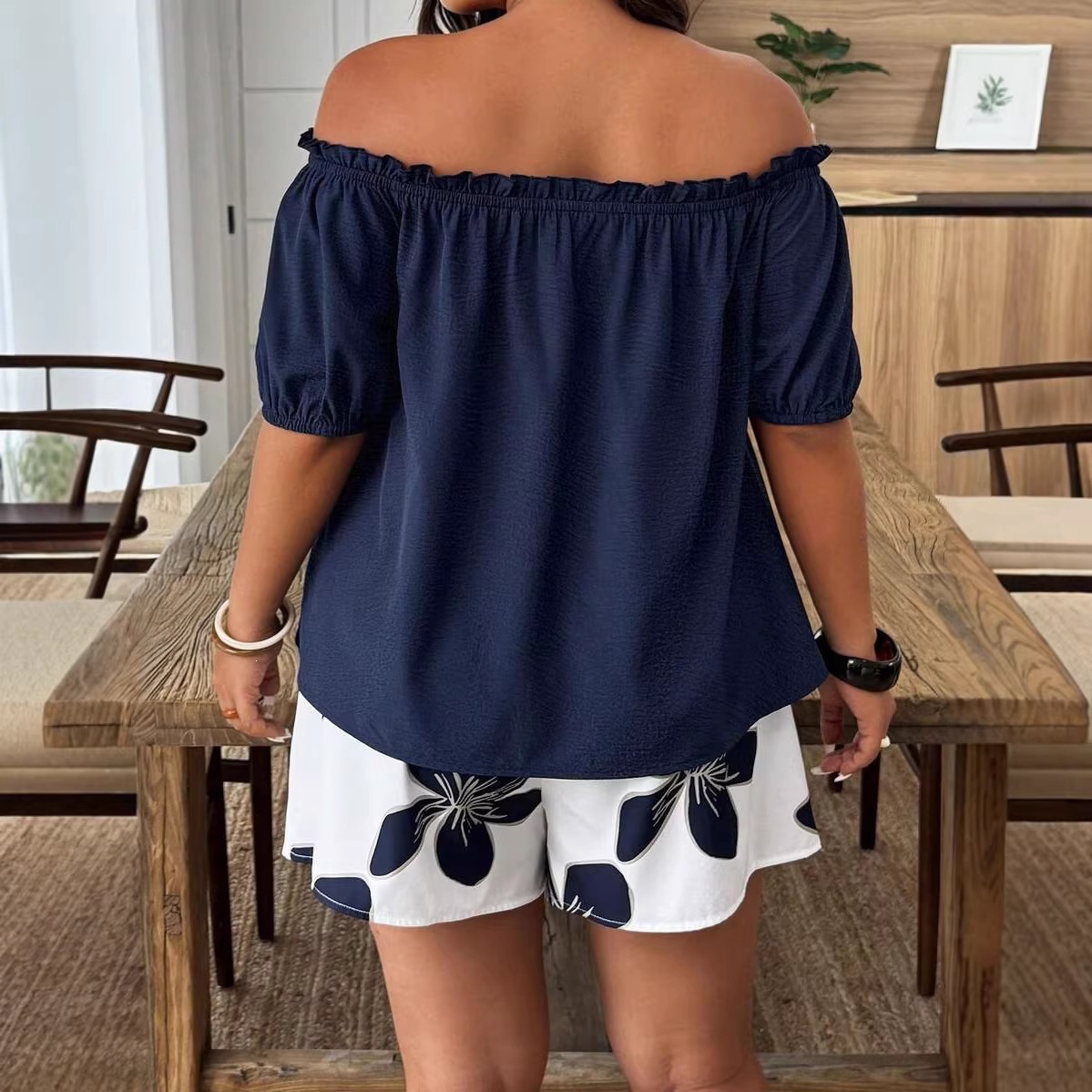 Women's Off-Shoulder Short Sleeve Shirt & Shorts Set Casual Summer